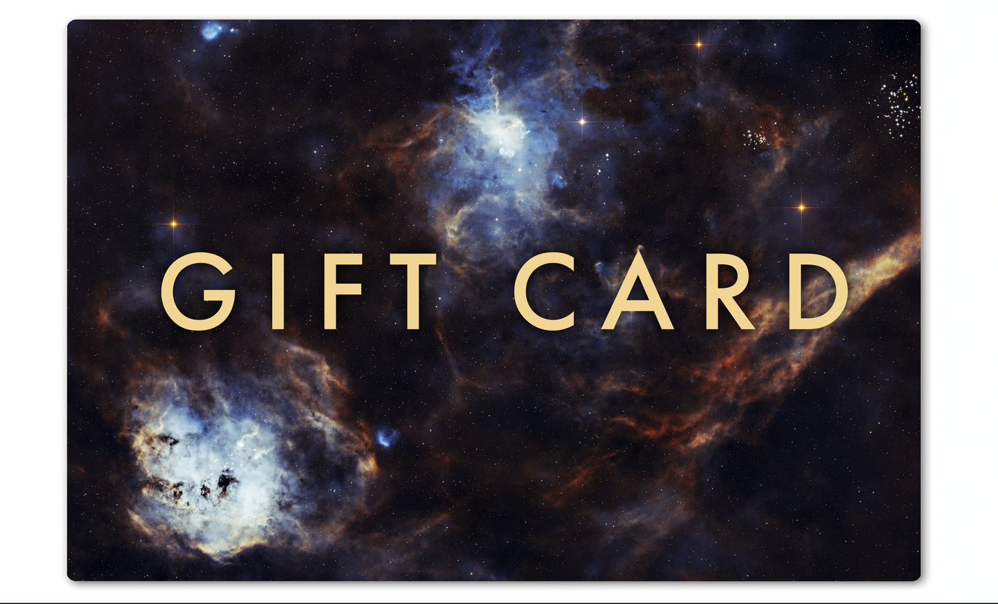 Gift card with space-themed design featuring stars and nebulae.