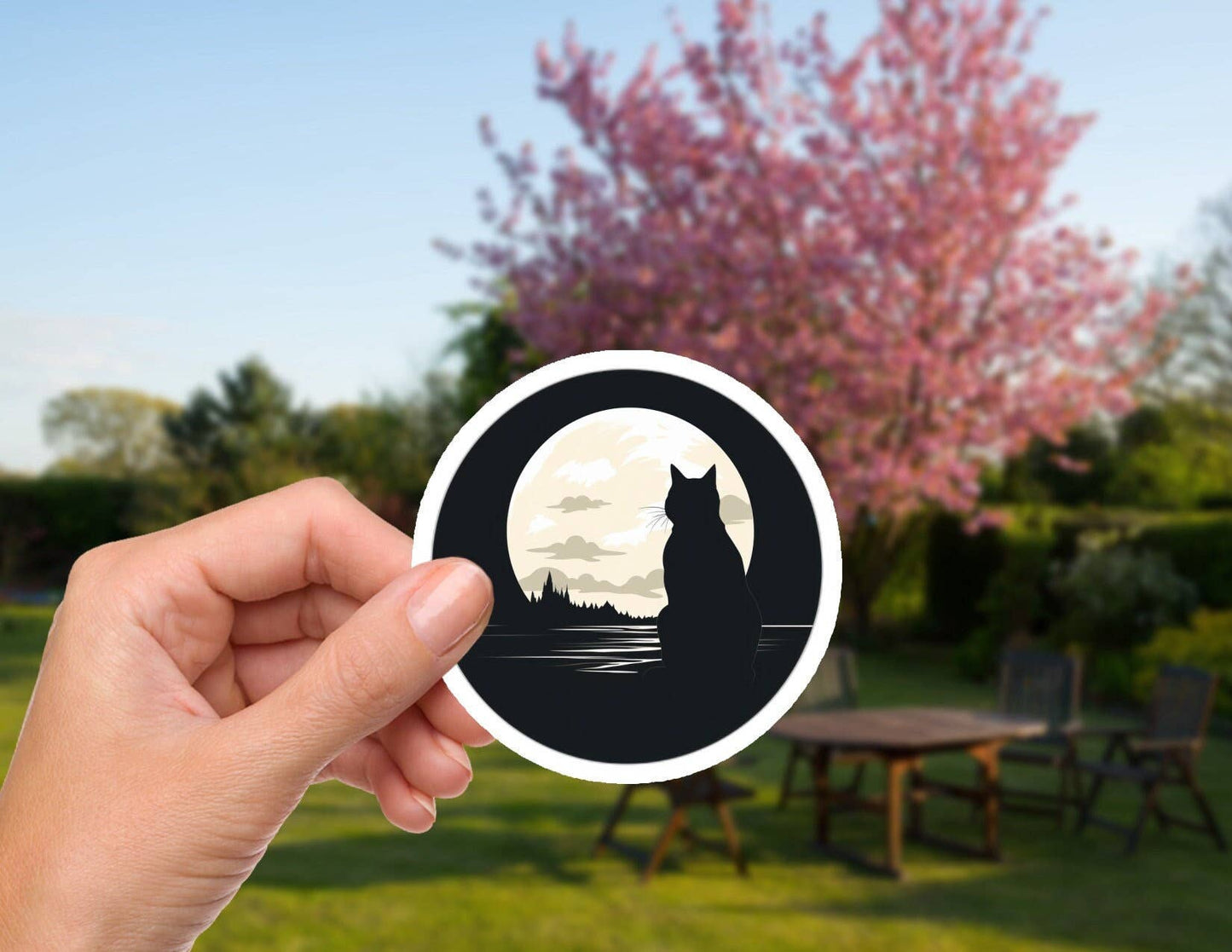 神秘的な黒猫と満月 2インチ 防水ビニールステッカー