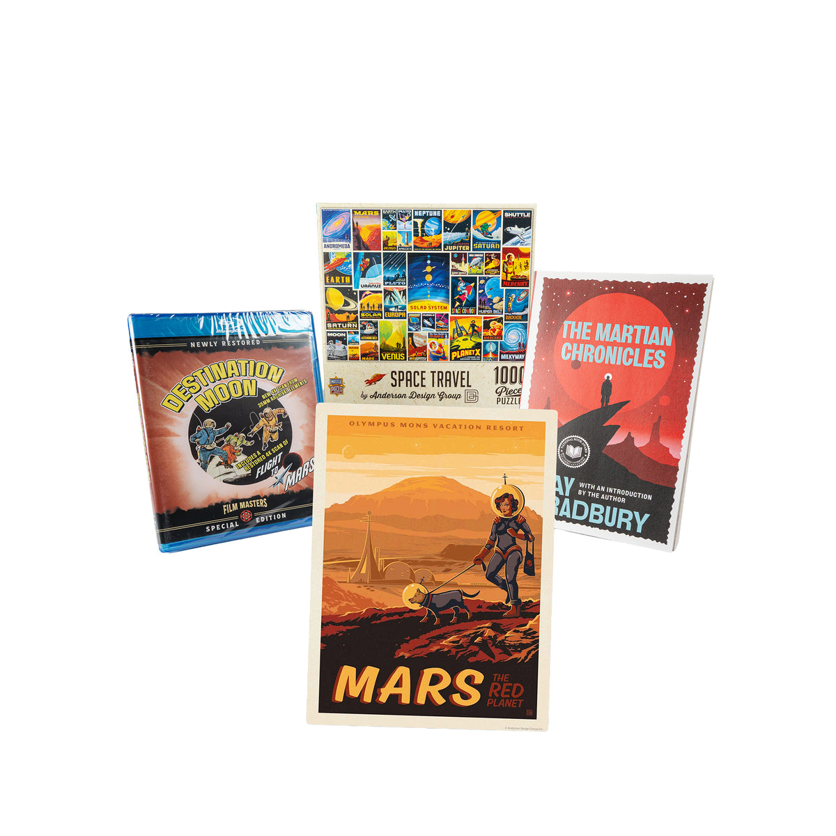 Golden Age of Sci-Fi Moon and Mars bundle with Blu-ray, Ray Bradbury book, space travel puzzle, and vintage Mars wall decal