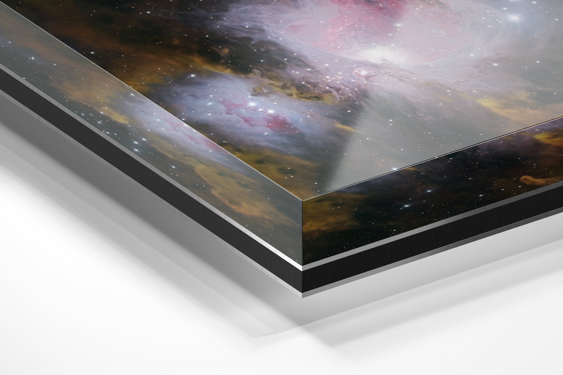 Construction of Archival Acrylic Print: Orion Nebula photo face-mounted to 1/4 inch acrylic with rigid Dibond backing for gallery display.