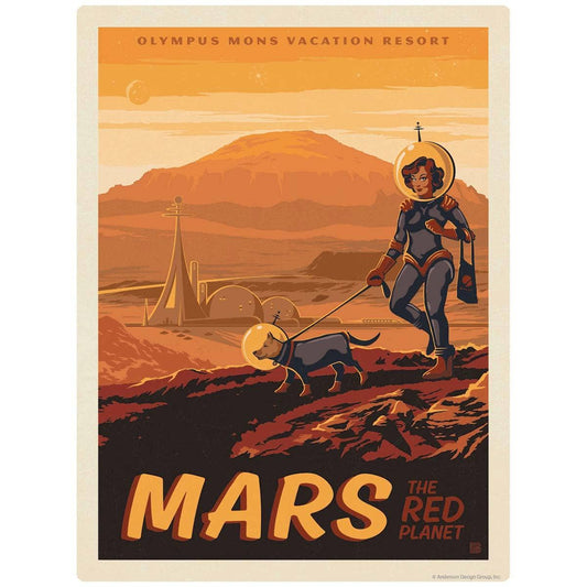 Vintage sci-fi style travel poster decal for "Olympus Mons Vacation Resort" on Mars. The retro artwork features a 1950s-style female astronaut with a tote bag on her arm, wearing a classic fishbowl helmet, walking her dog on a leash across a red Martian desert. Bold text at the bottom reads "MARS, The Red Planet".