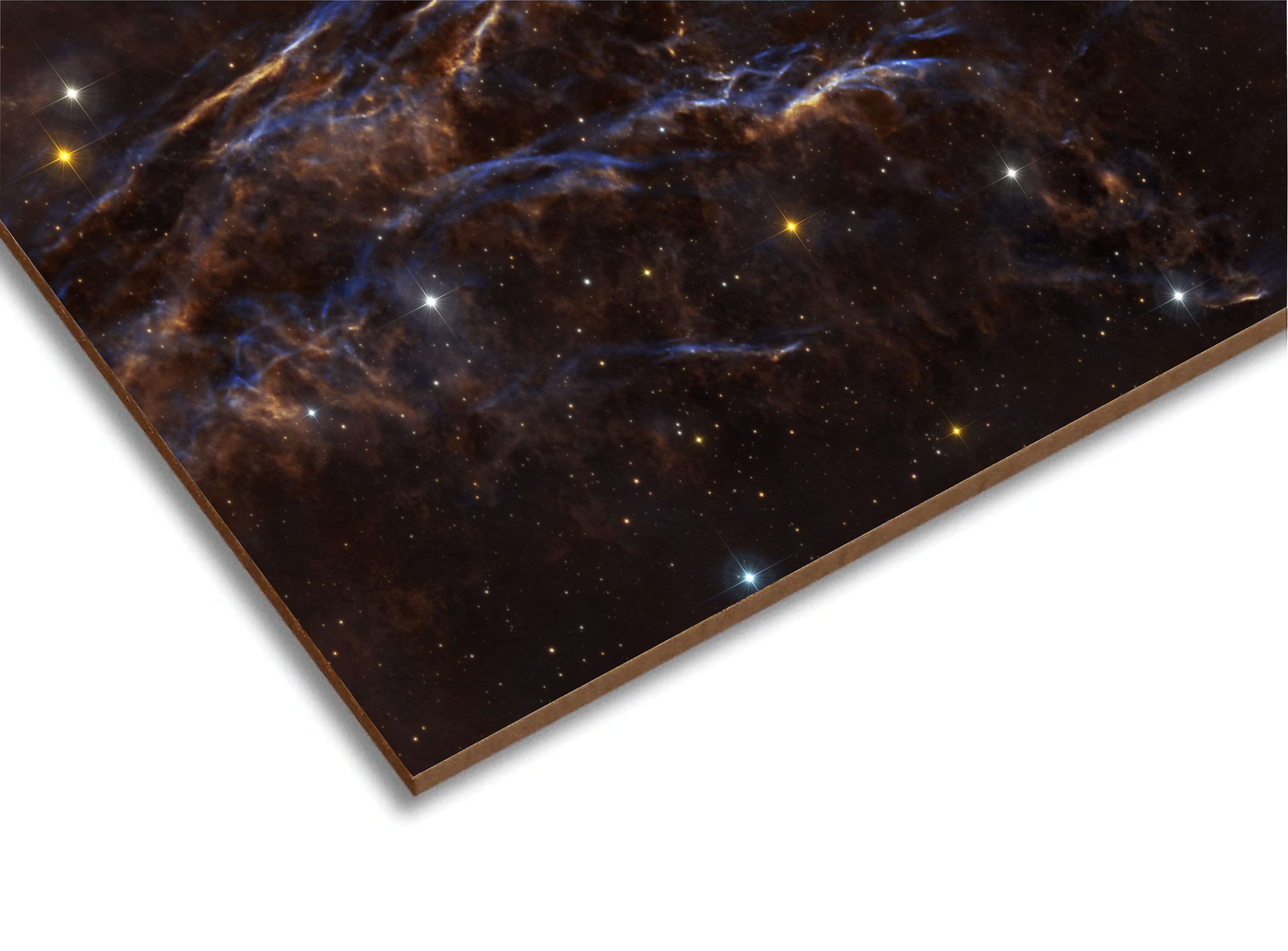 Starry space scene with nebula and stars on a masonite backing.